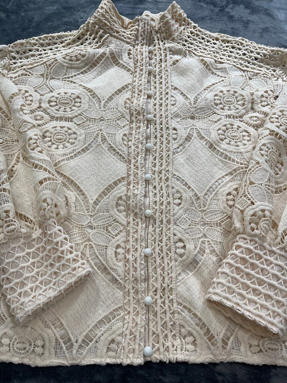 Victorian Style High Neck Floral Lace Blouse Lined Front Sheer Back Boho Top